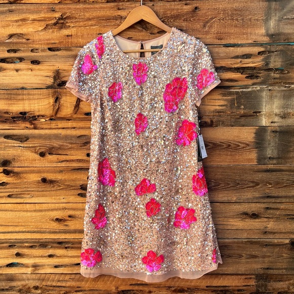 ADRIANNA PAPELL | NWT Beaded Trapeze Pink Floral Sequin Dress 10 - Picture 1 of 7